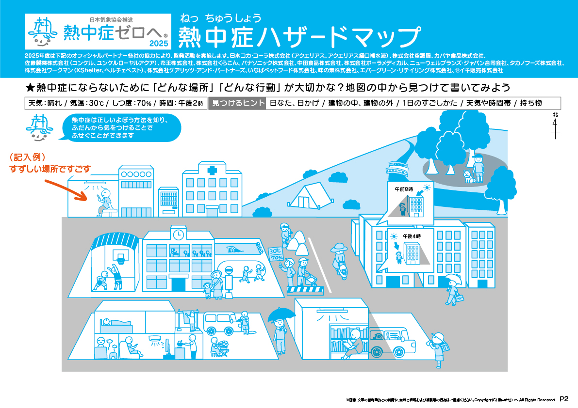 2.熱中症にならないために「どんな場所」「どんな行動」が大切か書いてみよう(P2)