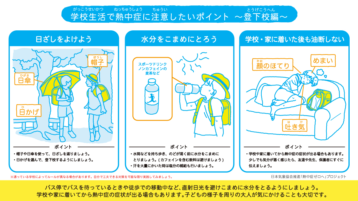 学校生活でも熱中症ゼロへ 今夏の注意ポイントと対策 登下校時 授業中 部活動 みんなで予防しよう 熱中症ゼロへ 関連ニュース 熱中症ゼロへ 日本気象協会推進